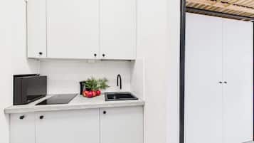 Fridge, microwave, stovetop, electric kettle