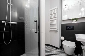 Shower, hair dryer, towels