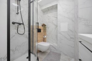 Shower, hair dryer, towels, shampoo