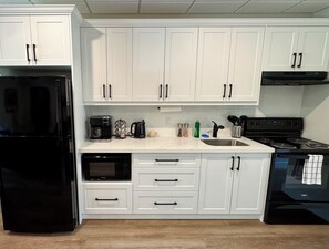 Fridge, microwave, stovetop, electric kettle
