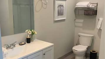 Ein modernes Badezimmer mit einem weißen Waschtisch, einem großen Spiegel, einer Toilette und einem gerahmten Kunstwerk an der Wand.