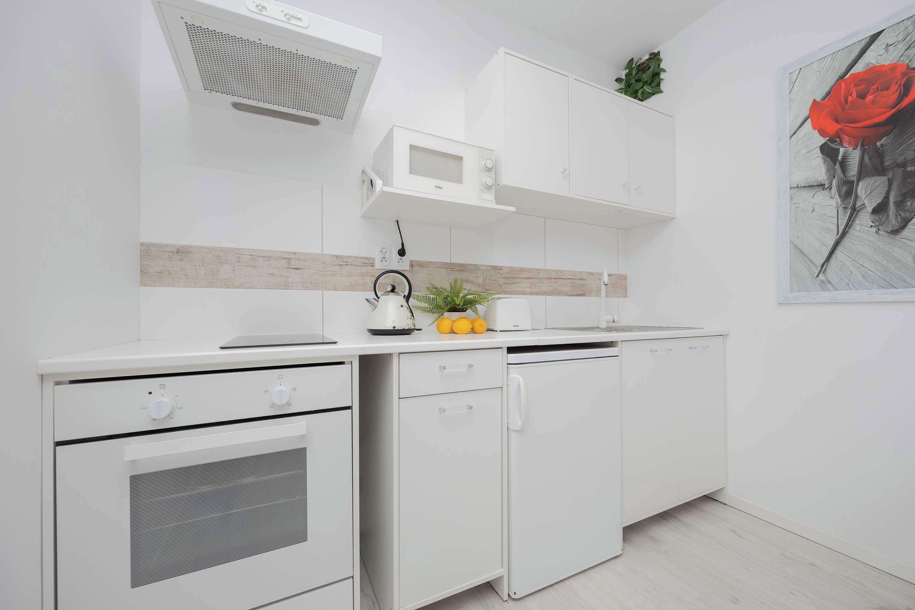 Une cuisine moderne avec des meubles blancs, un four à micro-ondes, une bouilloire et une plante en pot.