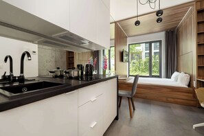 Fridge, stovetop, cookware/dishes/utensils