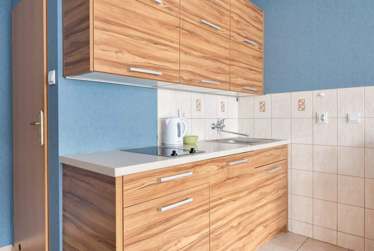 Een koelkast, een magnetron, een kookplaat, een vaatwasser