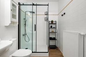 Dusche, Haartrockner, Handtücher, Shampoo