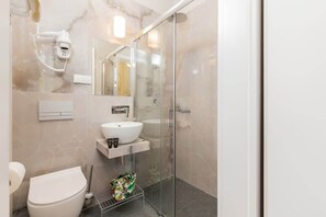 Shower, hair dryer, towels