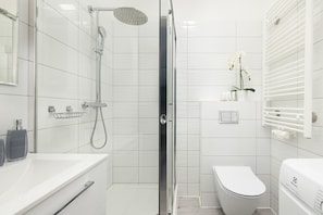 Dusche, Haartrockner, Handtücher, Shampoo