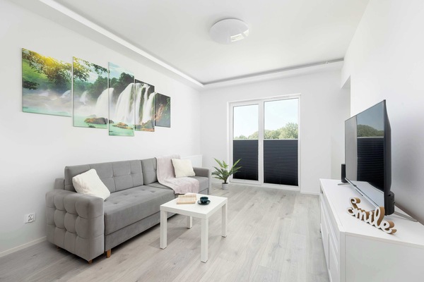 A bright living room with a grey sofa, decorative green artwork, and access to a balcony through glass doors.