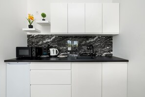 Fridge, microwave, stovetop, coffee/tea maker