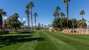 Ein gepflegter Golfplatz mit freier Bahn, Palmen und einer kleinen Laube.