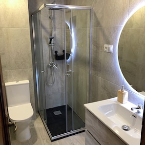 Shower, towels, toilet paper