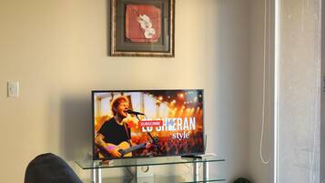 Una sala de estar con una televisión mostrando un concierto musical, un cuadro en la pared, una mesa de centro de vidrio y un sofá con cojines.