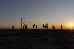 A silhouette of people playing volleyball on a beach at sunset. - Hostel SoHa (South Haven)