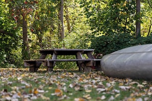 A picnic table in a wooded area with fallen leaves on the ground. - Hostel SoHa (South Haven)