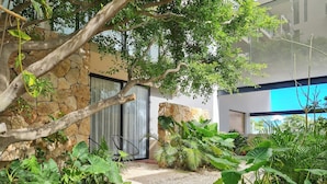 A modern building with a stone facade, a gravel pathway, and lush greenery.