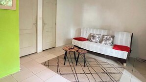 Una sala de estar con un sofá, dos puertas, un tapete estampado y una lámpara colgante.