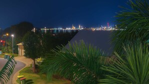 A nighttime view of a waterfront area with a pathway, palm trees, and a distant illuminated skyline.