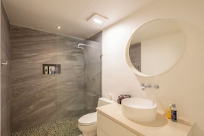 Hair dryer, towels, soap, shampoo