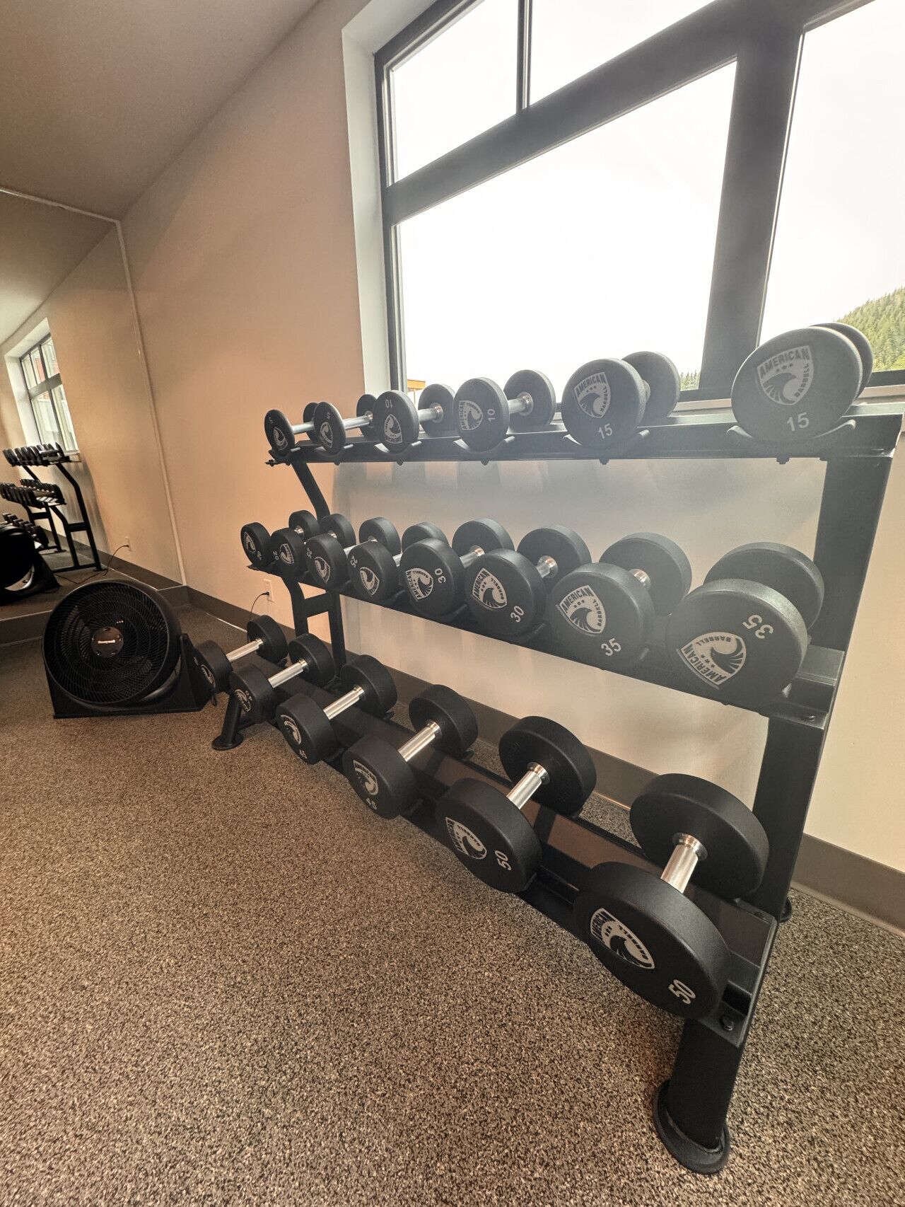 Een sportschool met een halterrek en een ventilator.