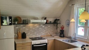 Cocina compacta con estufa, horno y pileta. Hay armarios de madera y una encimera.