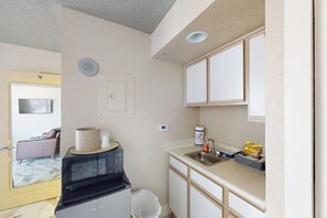 Fridge, microwave, coffee/tea maker, toaster