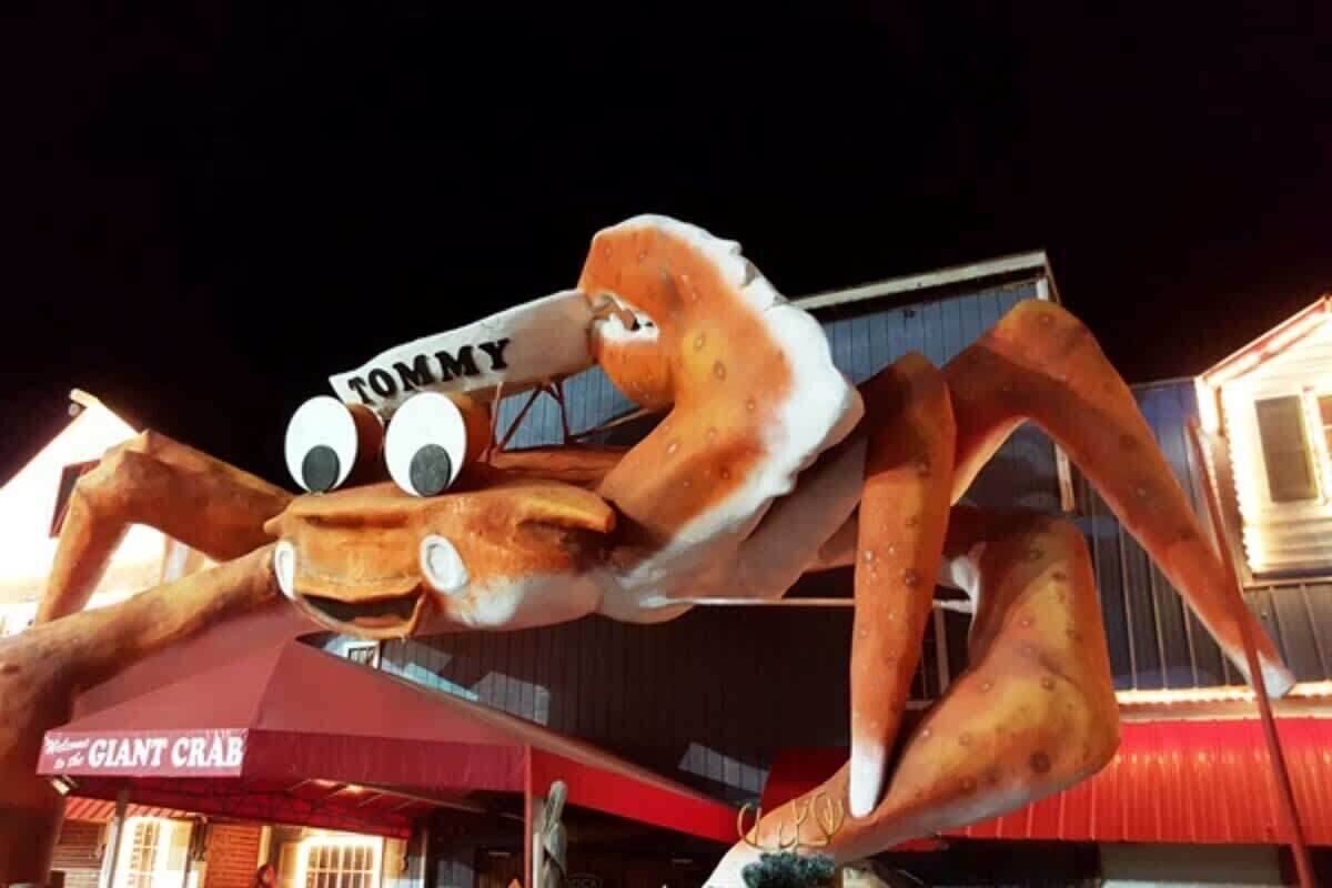 Ein großer Krabben-Maskottchen vor einem Gebäude, auf dessen Schild "GIANT CRAB" steht. Das Maskottchen hält ein Schild mit dem Schriftzug "TOMMY".