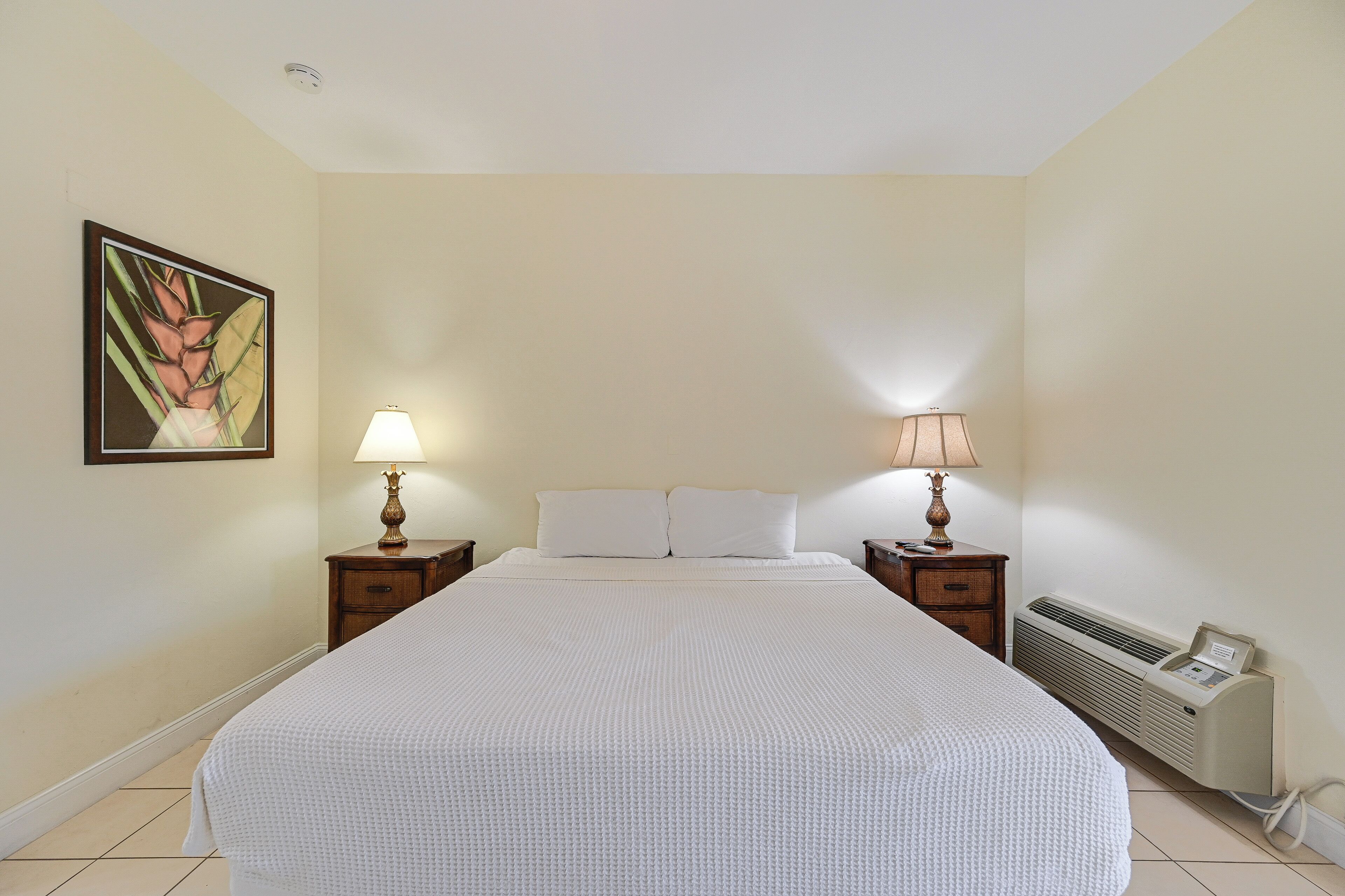 Une chambre d’hôtel avec un grand lit, deux tables de chevet avec des lampes, un climatiseur fixé au mur et un tableau encadré accroché au mur.
