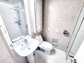 Hair dryer, towels, soap, shampoo