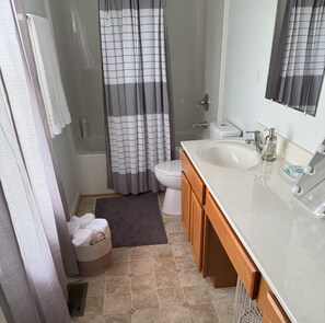Hair dryer, towels, soap, shampoo