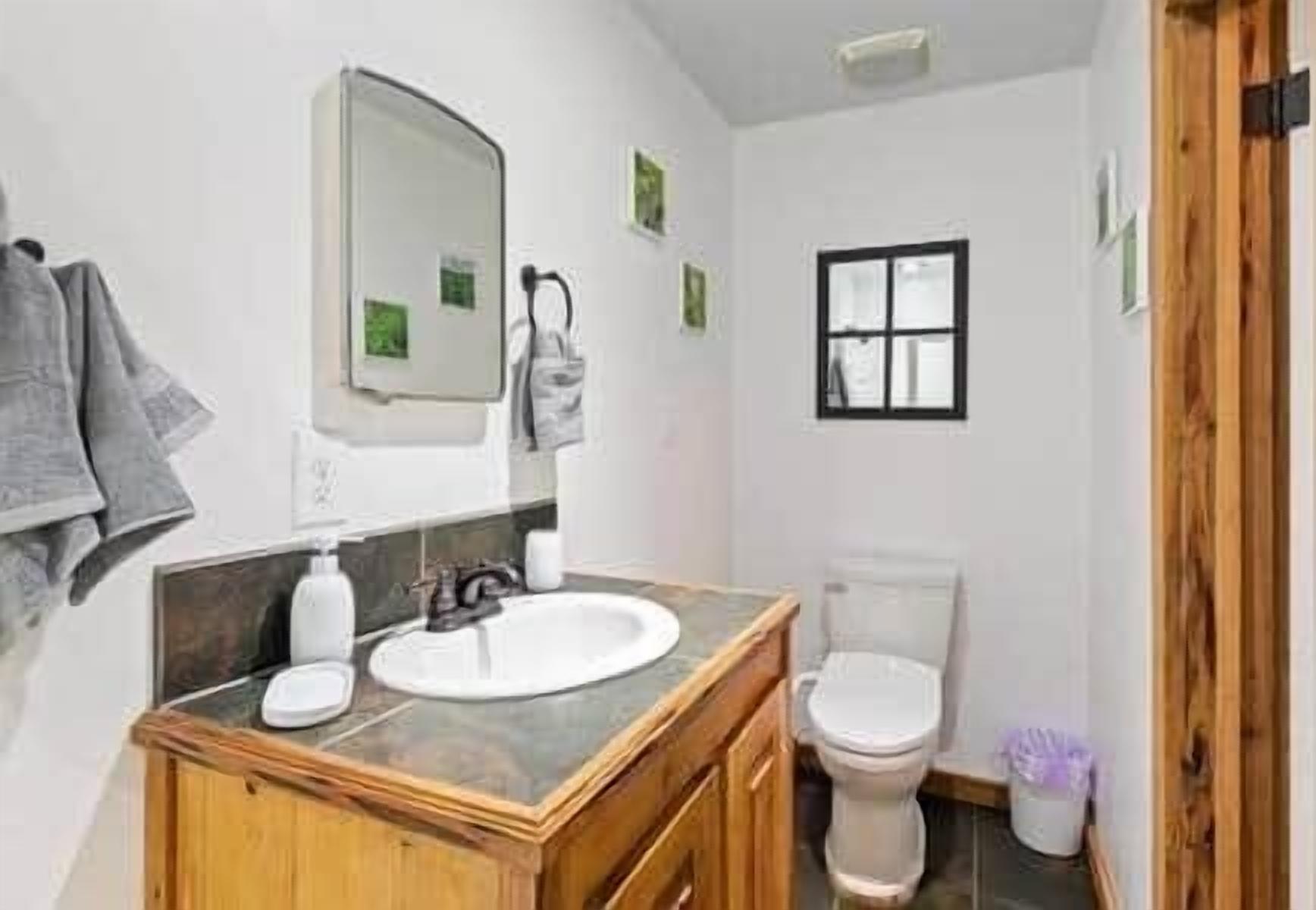 Ein Badezimmer mit einem Holzkonsolenunterschrank, einem weißen Waschbecken und einer Toilette.