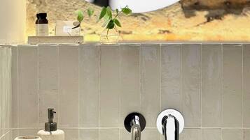 Een badkamer met een witte wastafel, twee kraanwerkers en een spiegel. Er staan toiletartikelen op de toonbank en een klein plantje op de wastafel.