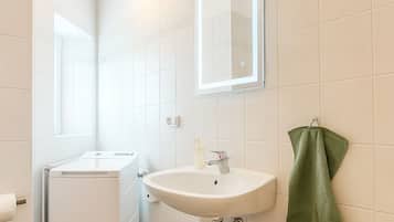 Hair dryer, towels, soap, toilet paper
