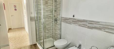 Shower, hair dryer, bidet, towels