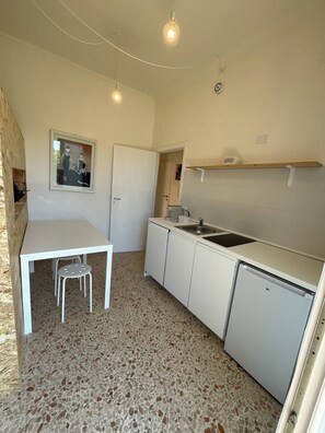 A compact kitchen with a white countertop, a sink, a small refrigerator, and a dining area with a table and chairs. - GUEST HOUSE ACCOMMODATION MATILDE SPRING (Terni)