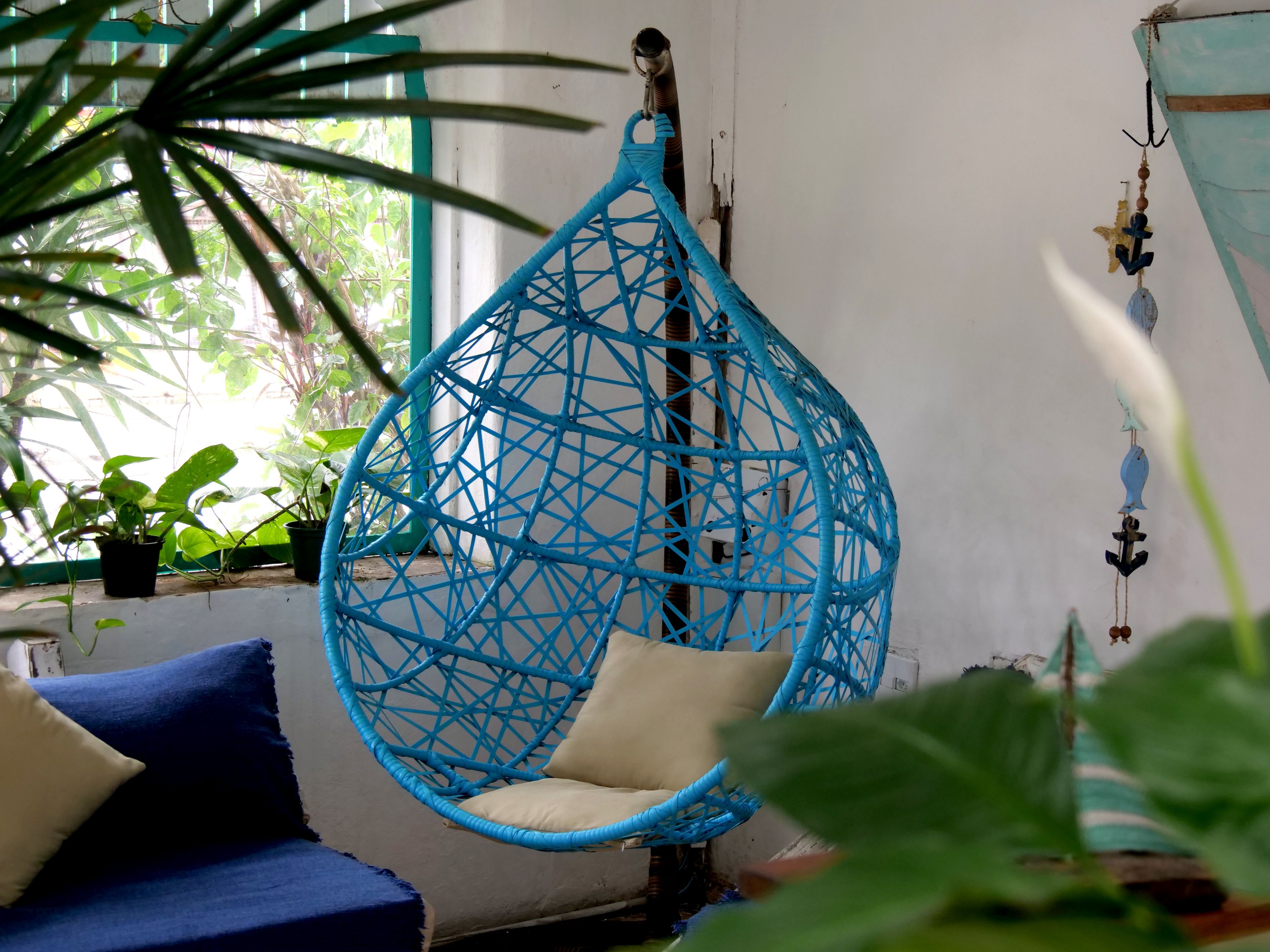 A hanging chair with a geometric pattern, a blue sofa, and potted plants in a room with a white wall and a window.