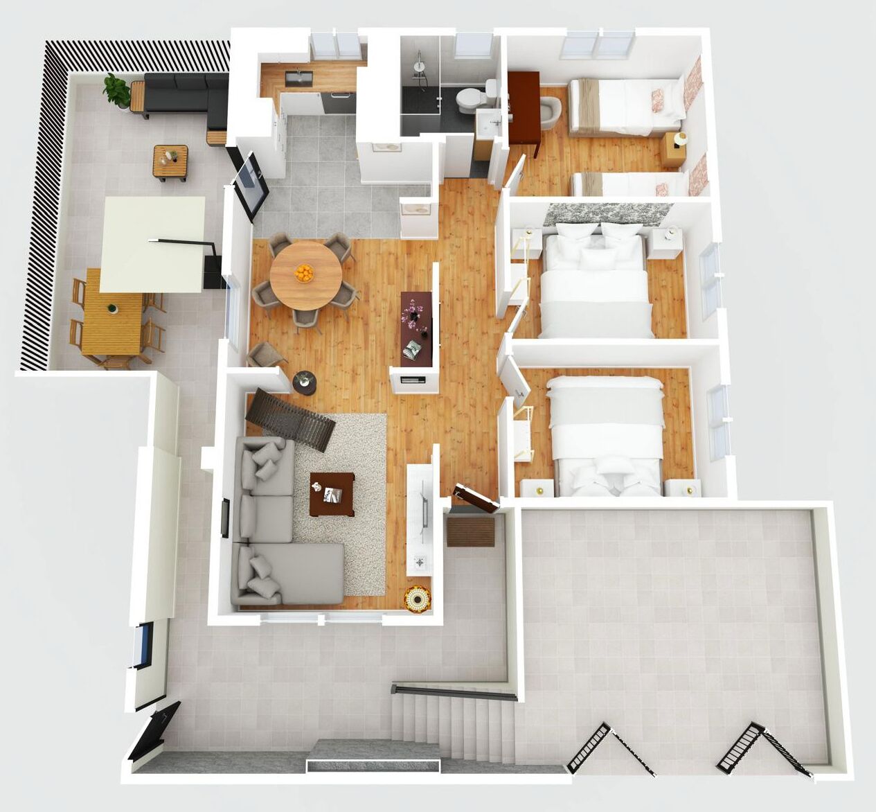 A 2-bedroom apartment with a living room, dining area, kitchen, and two bedrooms.
