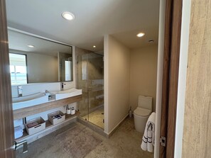 Shower, hair dryer, towels, soap