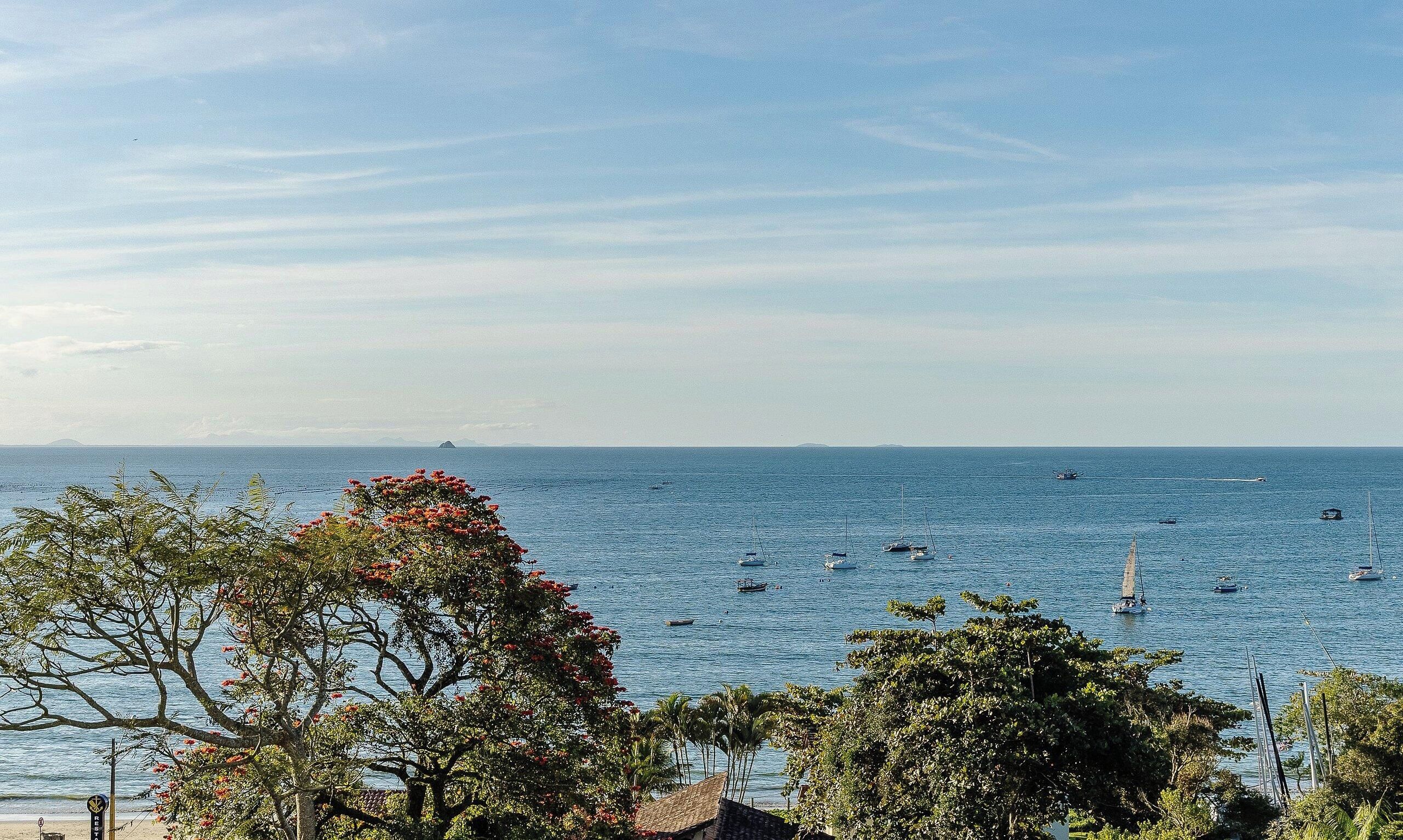 A coastal view with a clear sky, calm sea, and several boats.