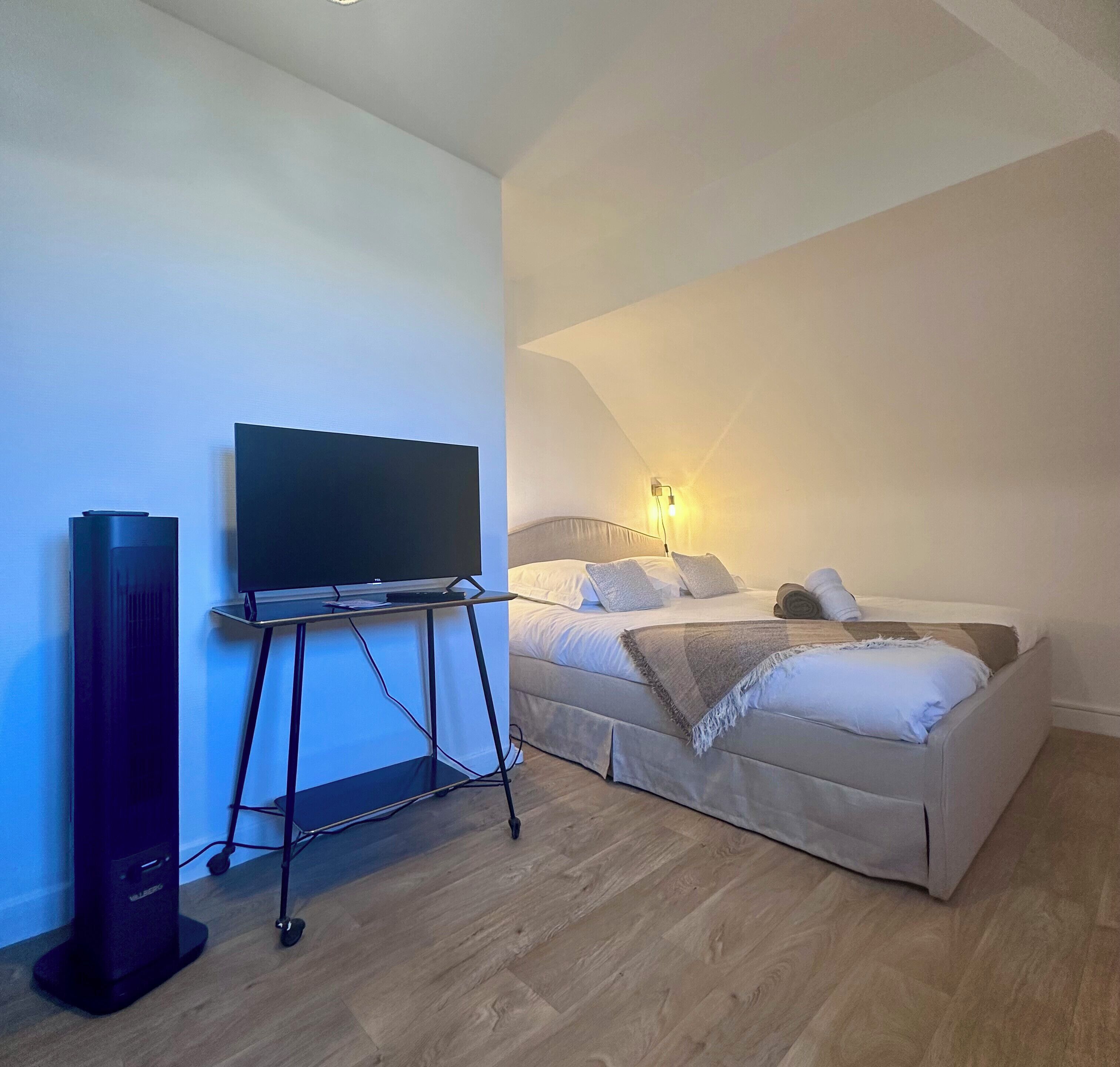 A bedroom with a bed, a TV on a stand, and a bedside lamp.