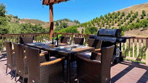 An outdoor patio with a grill, wicker furniture, and a view of a vineyard. - Sunmist Farm House in a 35 acres grove (Temecula)