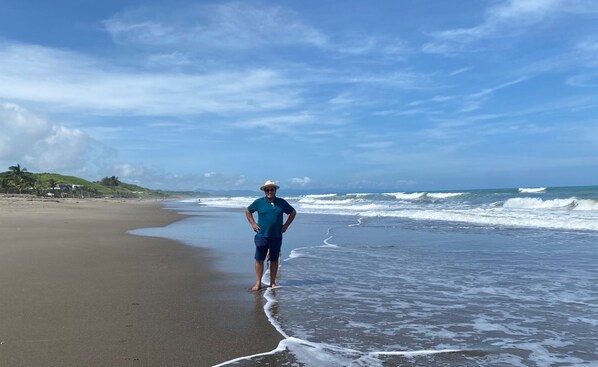 A beach with a person standing on the sand, waves approaching the shore, and a clear sky.