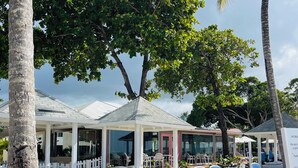 Een strandlounge met blauwe en witte ligbedden, palmbomen en een overdekt zitgedeelte met tafels en parasols.