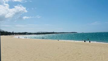 A wide sandy beach with a clear blue sky and calm sea.