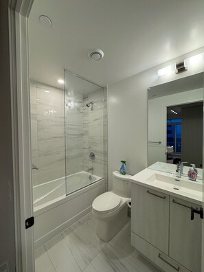 Hair dryer, towels, soap, toilet paper