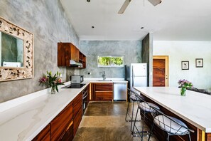 Fridge, oven, dishwasher, cookware/dishes/utensils