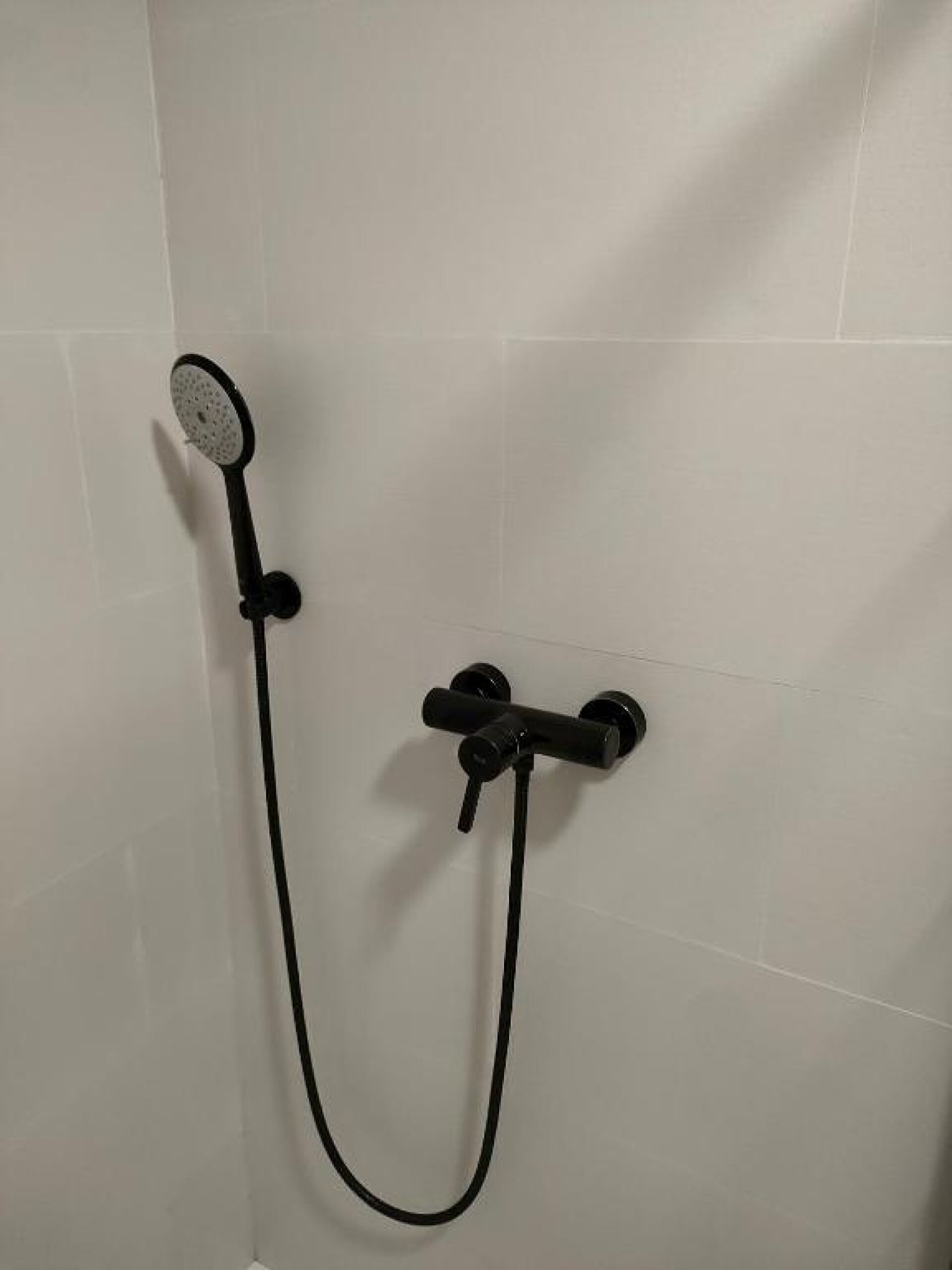 Una ducha con cabezal de ducha y manguera de mano.