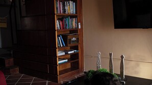Une personne est assise dans un salon, en train de lire un livre. On aperçoit une bibliothèque, un téléviseur à écran plat et un escalier en arrière-plan.