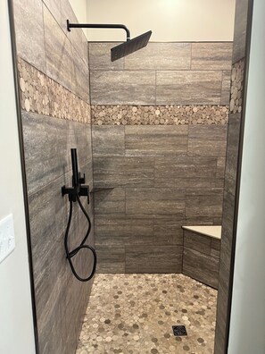 Shower, towels, toilet paper