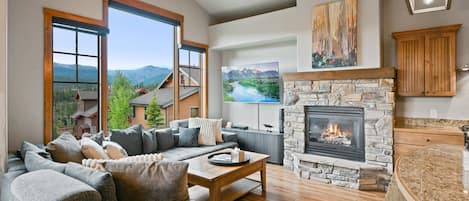 Smart TV, fireplace, video library