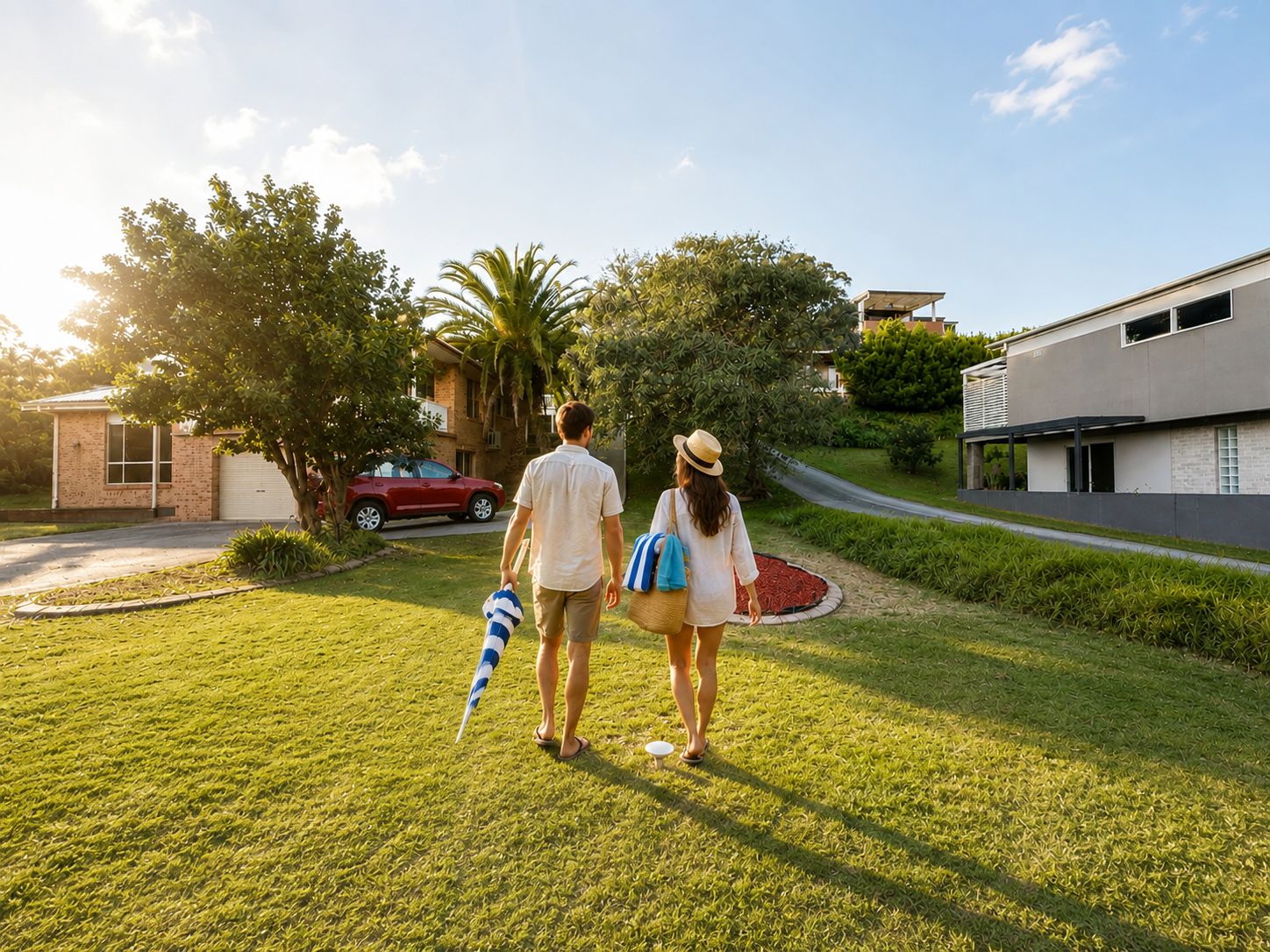 A couple walking on a well-maintained lawn with a modern house in the background.